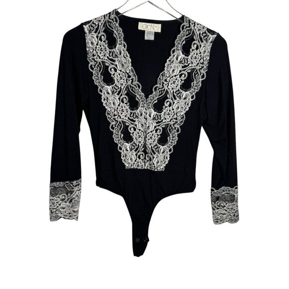 Cache Tops - Vintage 80's CACHE Lace trim bodysuit black size small Long Sleeve Made in USA